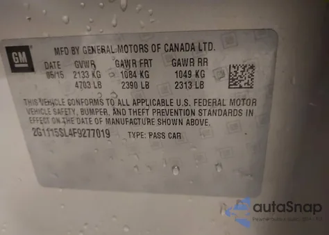 2015 Chevrolet Impala 1Lt из США, поврежденный, VIN 2G1115SL4F9277019